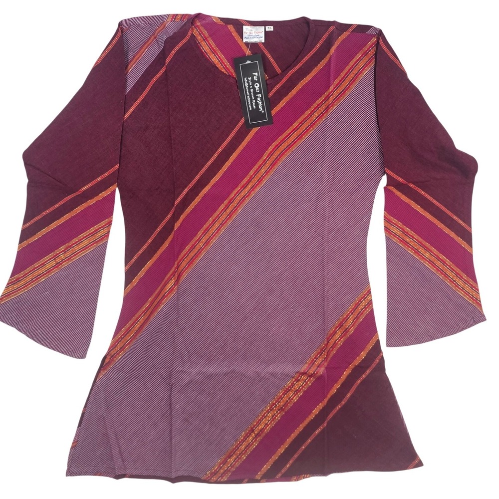 Far Out Fashion Womens XL Tunic Top Purple Orange Diagonal StripeBell Sleeve NWT